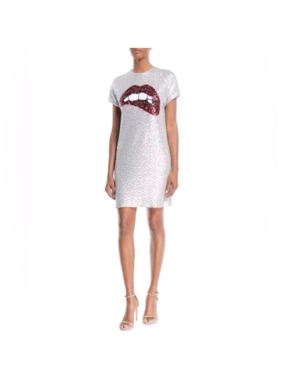 Aidan by Aidan Mattox Silver Sequin Short Sleeve Biting Lip Dress S NWT